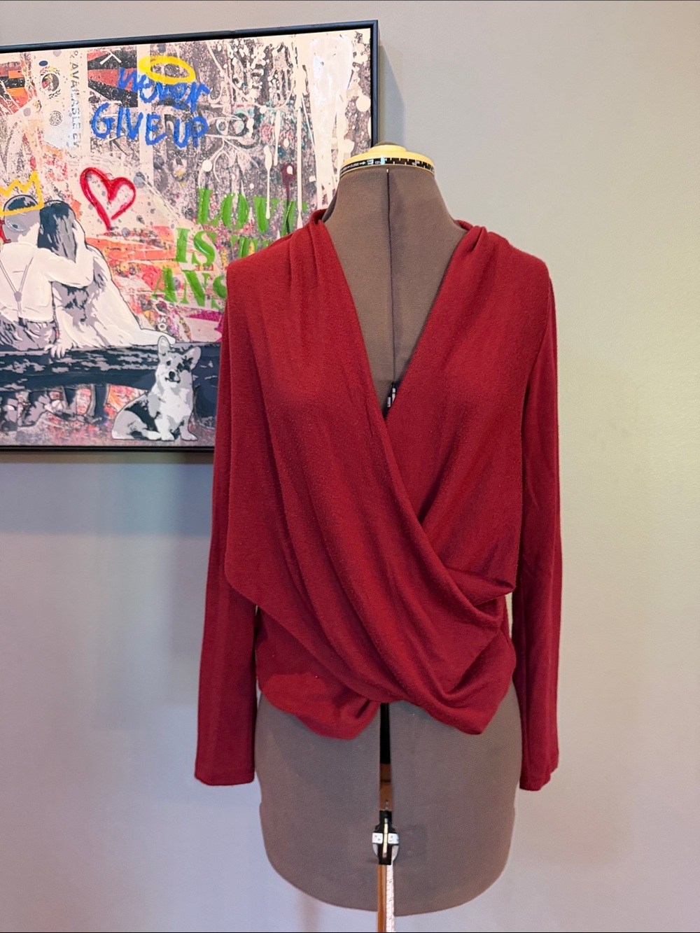1. State Deep Red Draped Wrap Sweater